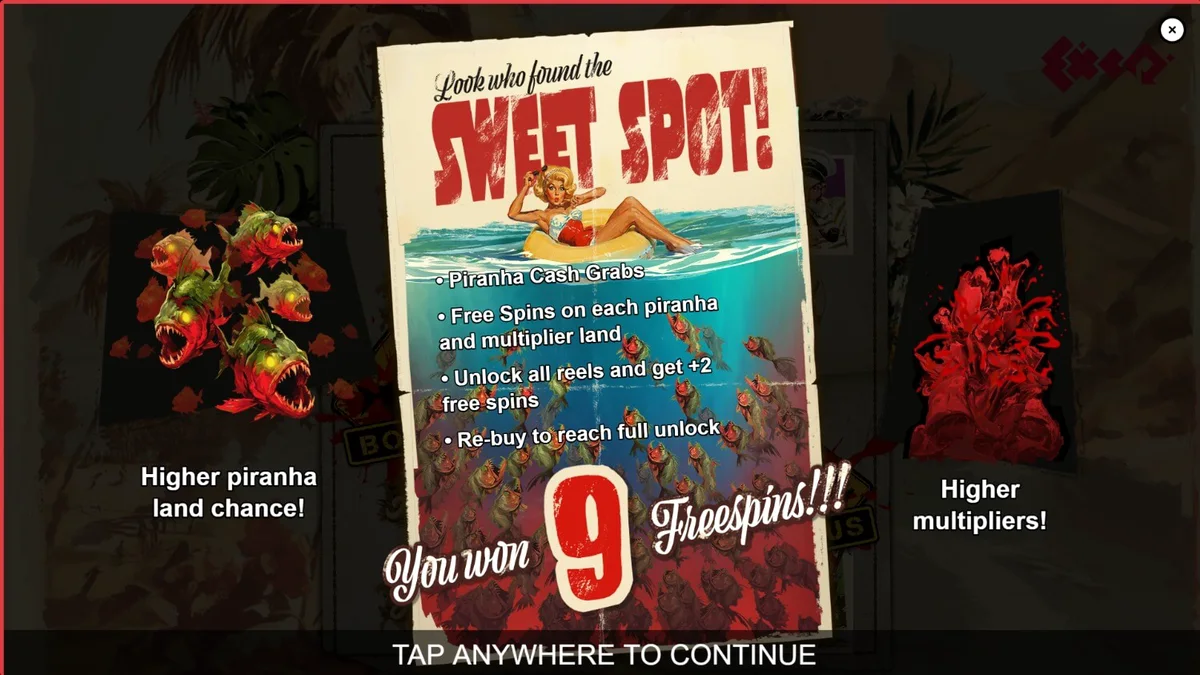Tampilan visual slot Piranha Bite Club dengan tema tropis dan piranha.